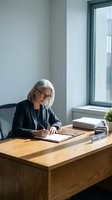 Senior woman with white hair and glasses, wearing black blazer, writing at wooden desk in modern office with natural light from window, suitable for business, professional services, legal, corporate, and workplace concepts.