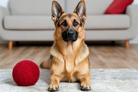 German Shepherd dog lying on carpet at home with red ball toy. Alert expression and upright ears, tan and black coloring, modern living room setting.