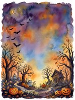 Watercolor Halloween night scene with pumpkins, haunted house, bare trees, flying bats and crescent moon creating spooky autumn atmosphere for seasonal designs.