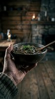 Rustic hand holding a steaming dark mushroom soup in a ceramic bowl with wooden spoon, garnished with chives in a cozy cabin.