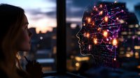 Young woman in silhouette gazes at glowing digital head projection with neural network patterns and light connections against evening cityscape through window.