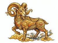 Golden ram with ornate decorative patterns and curled horns, isolated on white background, suitable for clipart, t-shirt design, and branding applications.