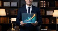 Professional businessman in dark suit holding transparent tablet displaying growth chart with upward arrow in elegant office library setting.