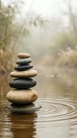 Balanced stone stack creating ripples in calm water with soft natural background for meditation wellness and mindfulness concepts.
