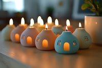 Cozy ceramic house-shaped candle holders in pastel colors lined up on shelf, glowing with warm candlelight creating magical atmosphere for home decor.
