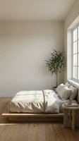 Minimalist bedroom interior with wooden platform bed, white bedding, cream walls, natural light from large window, potted plant, and wooden nightstand for modern home design and interior decoration.