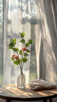Delicate pink roses in glass vase on wooden table by window with sheer white curtains casting soft morning shadows, creating serene home atmosphere.