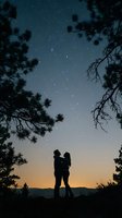 Silhouetted couple embracing under starry night sky framed by pine tree branches, golden sunset glow on horizon, romantic outdoor scene for love and relationship content.