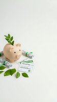 Pink piggy bank with green plant sprout and ESG sustainable investing reports on neutral background for eco-friendly financial planning concepts.