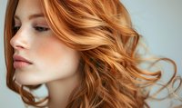 Young woman with flowing copper red wavy hair and natural makeup in soft lighting, side profile view showcasing modern beauty and hair styling trends.