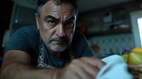 Middle-aged Hispanic man with mustache and intense expression wearing dark t-shirt leans forward in dimly lit kitchen setting, creating dramatic mood and lighting.