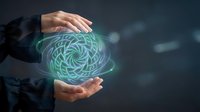 Business professional hands protecting glowing green brain hologram representing artificial intelligence, mental health care and innovative technology solutions.
