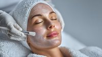 Middle-aged Caucasian woman receiving professional facial treatment with brush application at spa, relaxing with eyes closed during skincare procedure.