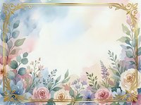 Watercolor floral frame with gold ornamental corners, featuring roses, eucalyptus, and lavender on soft pastel background. Isolated design element for invitations and stationery.