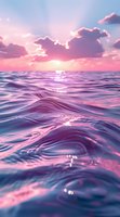 Dreamy ocean waves reflect pink sunset light through clouds, creating magical water surface with sparkles and purple hues for relaxing wall art and backgrounds.