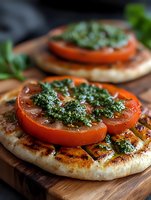 Toasted flatbread topped with fresh tomato slices and vibrant green herb garnish, served on wooden board for appetizer or light meal presentation.