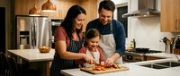 Young family with mother, father, and daughter preparing fresh vegetables together at kitchen counter, engaging in cooking activity and quality time bonding.