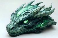 Mystical dragon head with glowing green eyes and iridescent emerald scales against light background, detailed fantasy creature artwork for gaming and design projects.
