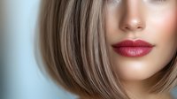 Close up portrait of young Caucasian woman with red lipstick and short brown bob hairstyle showing glamorous makeup and beauty look against blurred background.
