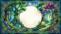 Enchanted forest clearing with magical glowing moon, ornate golden border frame, mystical trees and fairy lights for fantasy storytelling designs.