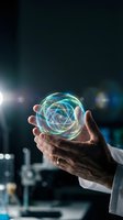 Hands holding glowing holographic sphere with geometric patterns in futuristic laboratory setting for technology and innovation concepts.