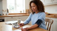 Young African American woman checking blood pressure at home kitchen table using digital monitor for health monitoring and wellness routine.