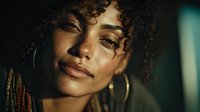 Young African American woman with curly hair and gold hoop earrings in warm natural lighting for beauty and lifestyle content.