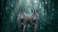 Two zebras standing together in mystical forest with ethereal light filtering through trees creating magical atmosphere for wildlife and nature themes.