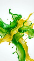 Dynamic green and yellow liquid splash frozen in motion against white background, isolated for design use on merchandise, packaging, and digital projects.