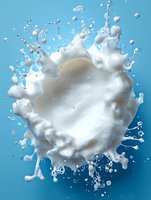 Dynamic milk splash with droplets and bubbles on blue background for dairy product advertising and beverage marketing campaigns.