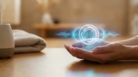 Female hand presenting glowing digital hologram with circular energy rings and light effects above palm in modern interior space for technology concepts.