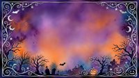 Halloween night scene with spooky silhouettes, bats, pumpkins and ornate border frame on purple orange gradient sky background for seasonal design projects.