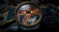 Magnifying glass reveals intricate circuit board patterns with golden copper traces on dark PCB surface surrounded by electronic components and wires.