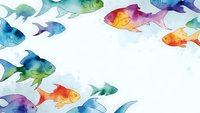 Colorful watercolor fish swimming in various directions creating decorative border frame with white center space for text or design elements.