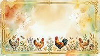 Watercolor farm scene with rooster, hens, and chicks among wildflowers, framed by a golden border with copy space for text.