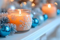 Glowing candle with snowflake pattern surrounded by blue Christmas ornaments and frosted pine branches creates cozy winter holiday atmosphere.