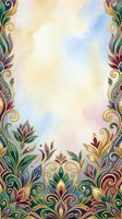 Ornate floral border frame with gold scrollwork and jewel-toned leaves on watercolor background, suitable for invitations, certificates, and decorative design projects.