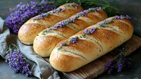 Fresh baked bread loaves garnished with purple lavender flowers on wooden cutting board, rustic linen napkin, natural food photography styling.