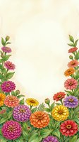 Watercolor zinnia flower border frame with colorful blooms and green leaves on a cream background with copy space for text.