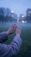 Two hands pressing together in a misty urban park at dusk, bokeh city lights glowing softly in the blue twilight background.