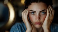 Young woman with striking blue eyes and freckles holding face in hands, expressing worry or contemplation in moody atmospheric lighting.