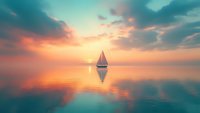 Sailboat silhouette drifting on calm ocean water during dramatic sunset with orange and teal sky, perfect mirror reflection creating symmetrical seascape.