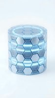 Blue hexagonal cylinder with honeycomb pattern structure isolated on white background for modern design and technology concepts.
