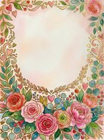 Floral frame with roses, peonies, and decorative foliage in watercolor style featuring pink, red, and gold tones on cream background, suitable for invitations and greeting cards.