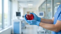 Healthcare professional in blue scrubs and gloves holds a red heart in a modern hospital corridor, symbolizing cardiac care and medicine.