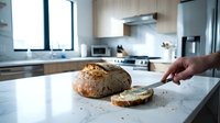 Unrecognizable person slicing fresh artisan bread on kitchen counter with modern appliances and natural light in background.
