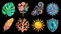 Colorful watercolor clipart set with tropical leaf, floral bouquet, paisley, mandala, feather, coral, sun, and shield, isolated on transparent background for stickers and print on demand.
