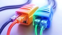 Colorful ethernet network cables in orange, green and blue colors with RJ45 connectors shown in close-up macro photography against white background.