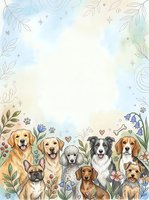 Watercolor dogs border frame with golden retriever, poodle, beagle and dachshund, floral doodles, copy space for pet greeting card.