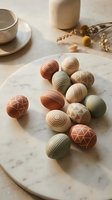 Modern geometric Easter eggs with minimalist patterns on marble surface with neutral ceramic tableware and dried botanicals for spring holiday decoration.